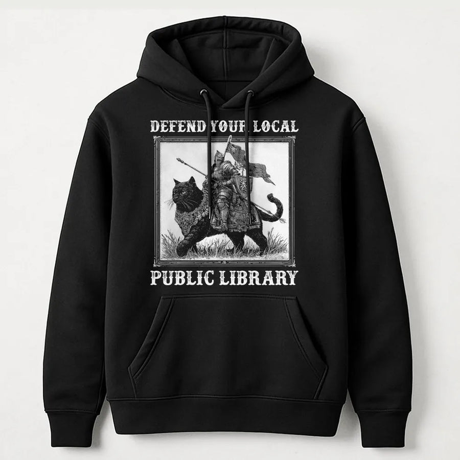 Defend Your Local Public Library Hoodie | Knight Riding Black Cat Graphic | Premium Cotton Blend Sweatshirt | Unique Gift for Book Lovers & Librarians