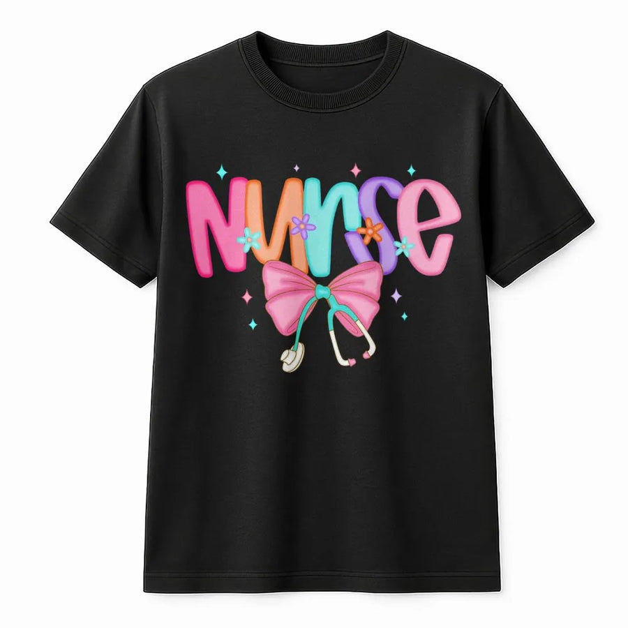 Preppy Nurse T-Shirt | Colorful Stethoscope Bow Graphic | 100% Soft Cotton | Cute Registered Nurse Gift Idea for Nursing School Graduation