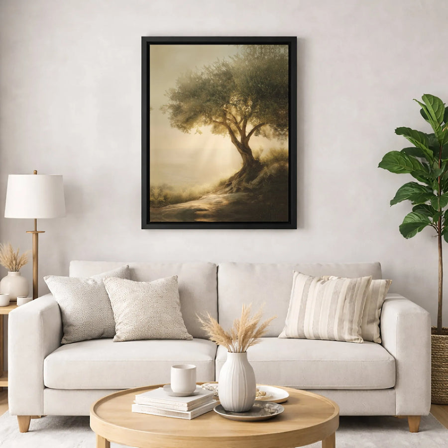 Olive Tree Canvas Wall Art | Ethereal Sunbeam Landscape Print | Premium Gallery-Wrapped 1.25" Profile | Serene Nature Decor for Home and Office
