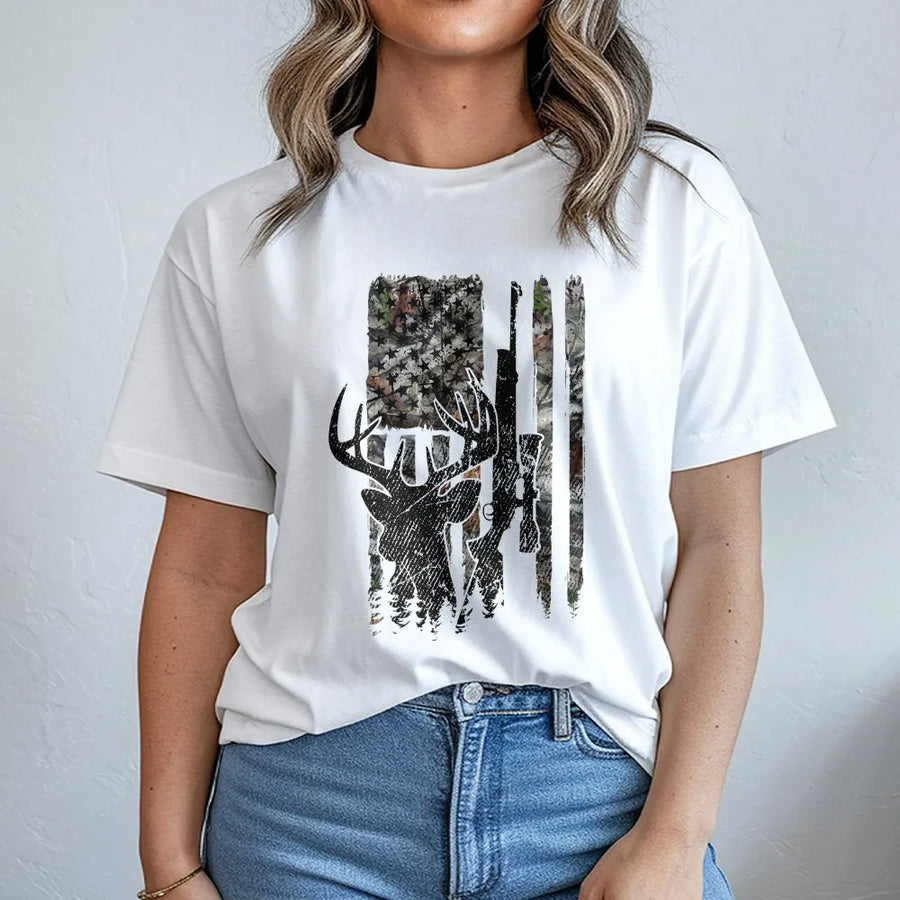 Deer Hunting American Flag T-Shirt | Distressed Buck Skull Camo Graphic | Premium Cotton Blend | Patriotic Gift for Hunter Dad