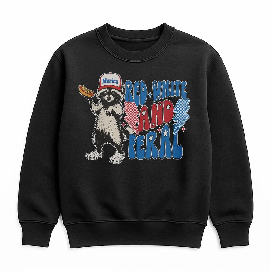 Red White And Feral Raccoon Sweatshirt | Patriotic Retro Graphic Crewneck | Cotton Blend Premium Quality | Funny 4th Of July Gift For Men And Women