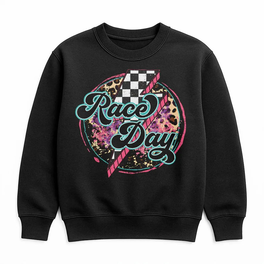 Race Day Sweatshirt | Retro Leopard Print & Checkered Lightning Graphic | Soft 100% Cotton Tee | Motorsport Fan Gift for Women