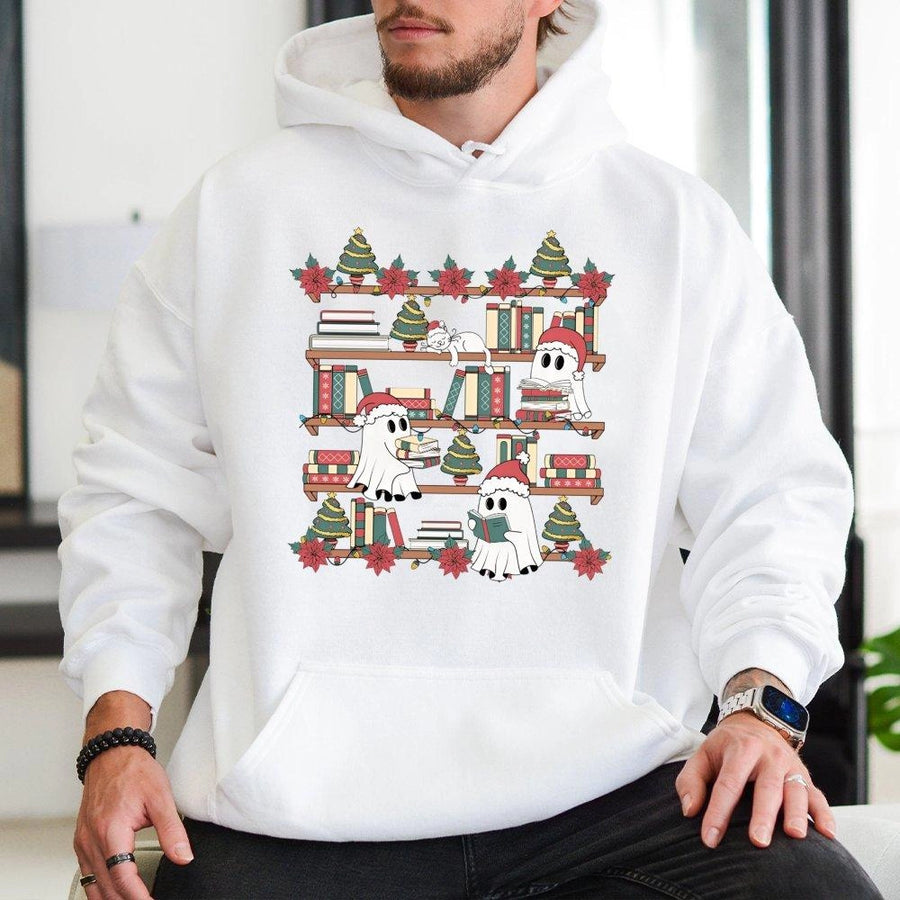 Christmas Ghost Bookshelf Hoodie | Cute Reading Holiday Sweatshirt | Premium Cotton-Blend Pullover | Unique Book Lover Gift for Women & Men