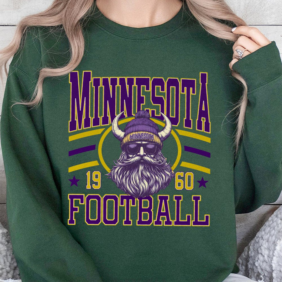 Minnesota โ
19 60 โ
Football Featuring A Viking Mascot With A Long Beard Wearing A Purple Horned Beanie And Sunglasses Sweatshirt