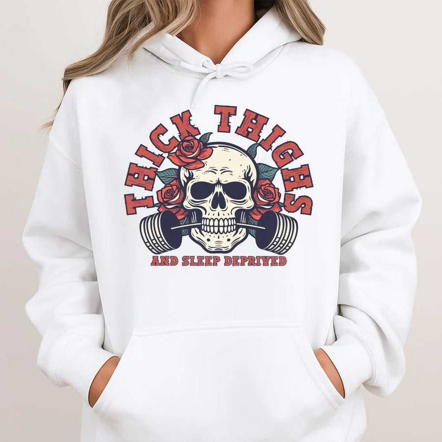 Thick Thighs And Sleep Deprived Gym Hoodie | Rose Skull Weightlifting Graphic | Premium Cotton-Polyester Blend | Funny Workout Gift For Fitness Lovers