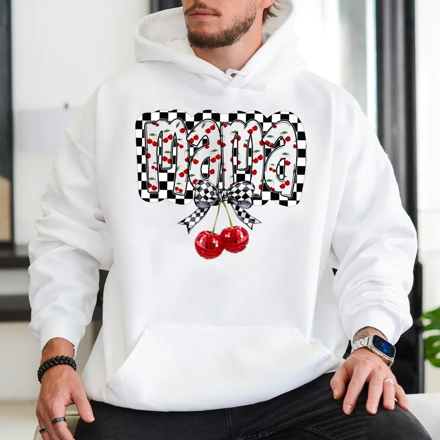 Mama Cherry Hoodie | Checkered Coquette Bow Design | Premium Cotton Blend | Aesthetic Mom Gift for Mother's Day 2026