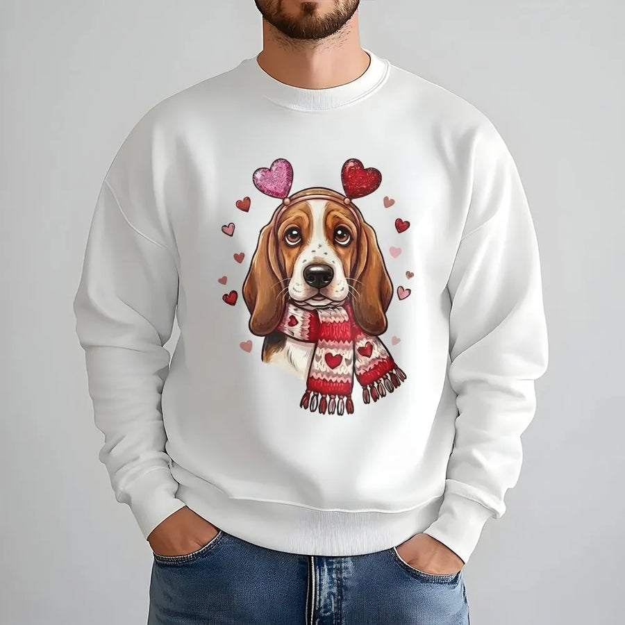 Basset Hound Valentine Sweatshirt | Cute Dog Heart Scarf Print | Premium Cotton Blend Crewneck | Dog Mom Lover Gift Idea
