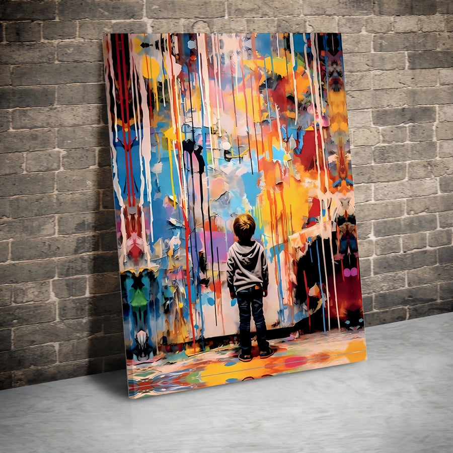 Abstract Graffiti Canvas Wall Art | Boy Viewing Colorful Dripping Paint | Premium Gallery Wrapped Canvas | Modern Living Room & Office Decor Gift
