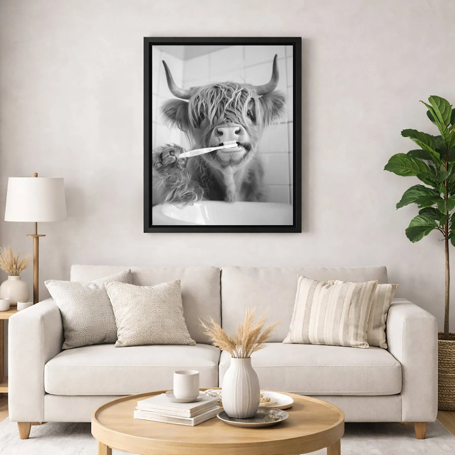 Highland Cow Bathroom Wall Art | Funny Animal Brushing Teeth Print | Gallery-Quality 1.25" Thick Canvas | Farmhouse Home Decor Gift
