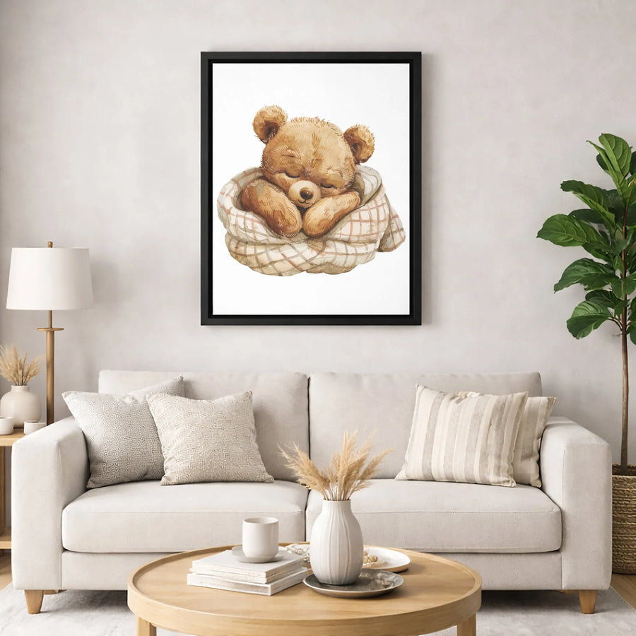 Sleeping Teddy Bear Wall Art | Watercolor Baby Animal Nursery Decor | Premium Gallery Wrap Canvas | Cute Woodland Bedroom Gift