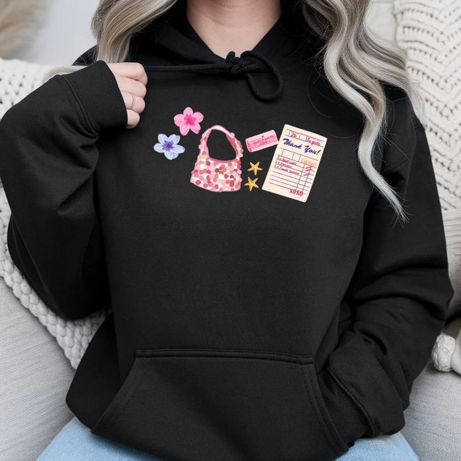 Y2K Aesthetic Hoodie | Cute Pink Purse & Floral Graphic | Soft Cotton Blend | Trendy Coquette Gift for Her