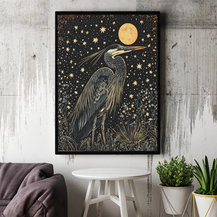 Great Blue Heron Canvas Wall Art | Celestial Moon and Stars Graphic | Premium Fade-Resistant Gallery Wrap | Mystical Nature Home Decor Gift