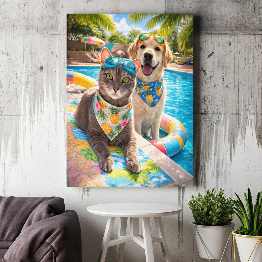 Funny Cat and Dog Canvas Print | Summer Pool Party Pets with Sunglasses | Premium Gallery Canvas | Humorous Home Decor Gift for Pet Lovers