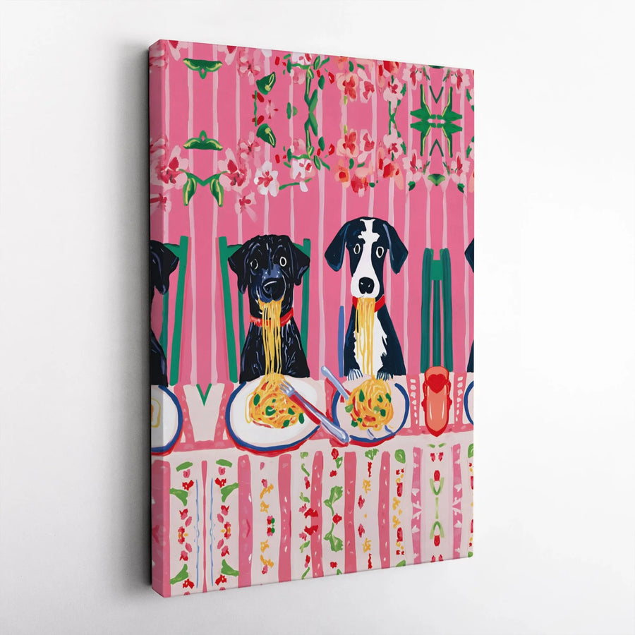 Dogs Eating Spaghetti Canvas Art | Whimsical Pet Portrait Wall Decor | Premium 1.25-Inch Gallery Wrap | Funny Kitchen Animal Print Gift