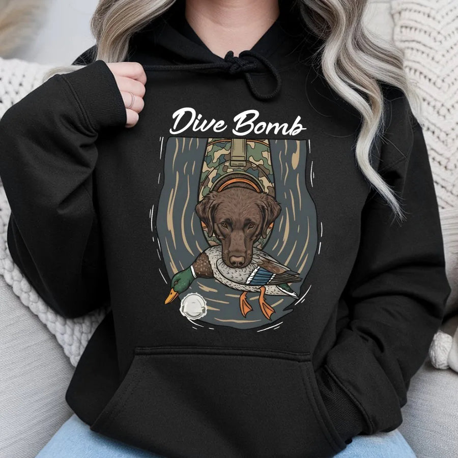Chocolate Lab Duck Hunting Hoodie | Dive Bomb Mallard Dog Graphic | Premium Cotton-Blend | Outdoor Waterfowl Hunter Gift