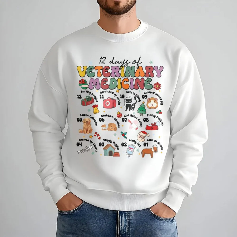12 Days Of Veterinary Medicine Sweatshirt | Funny Retro Vet Tech Christmas Design | Premium Cotton Blend | Gift For Veterinarian Or Animal Doctor