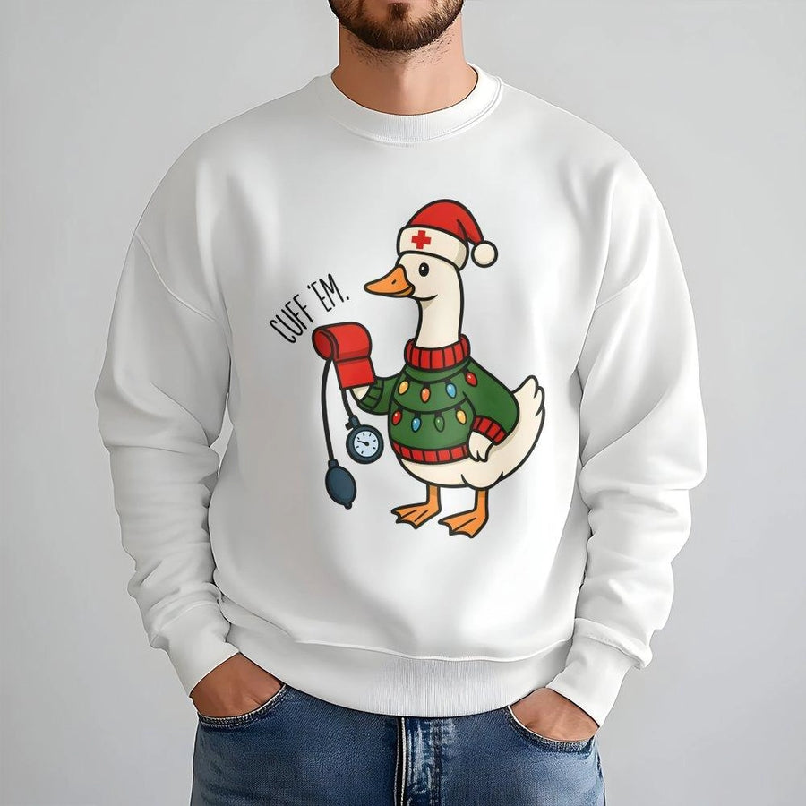Christmas Nurse Sweatshirt | Funny Silly Goose Blood Pressure Cuff Design | Soft Cotton Blend | Holiday Gift for Nurses & Medical Students