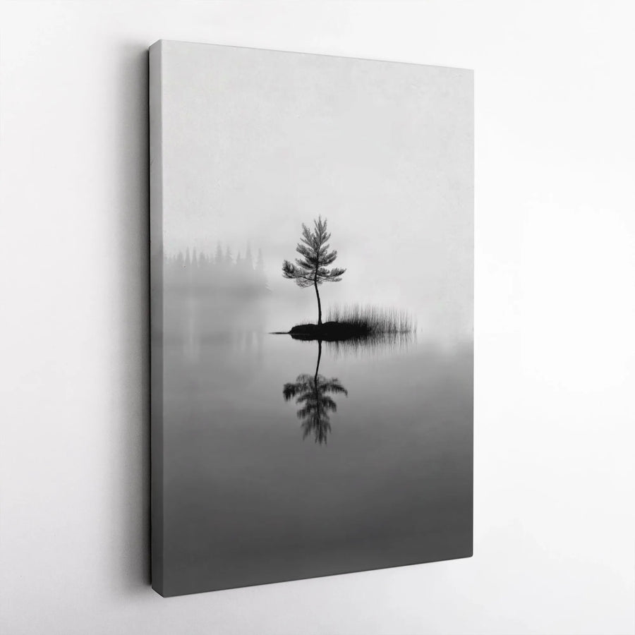 Minimalist Tree Wall Art | Black and White Foggy Lake Reflection | Premium Gallery Wrapped Canvas | Serene Nature Home Decor Gift