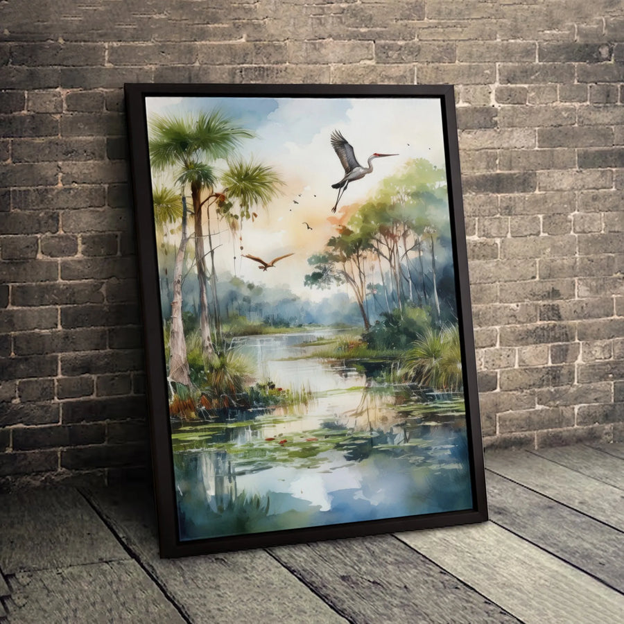 Florida Everglades Wall Art | Watercolor Heron Landscape Print | Premium 1.25" Gallery Canvas | Coastal Nature Home Decor Gift