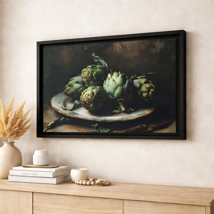 Artichoke Still Life Canvas Print | Vintage Oil Painting Style Kitchen Decor | Gallery-Wrapped Premium Canvas | Rustic Food Art for Dining Room