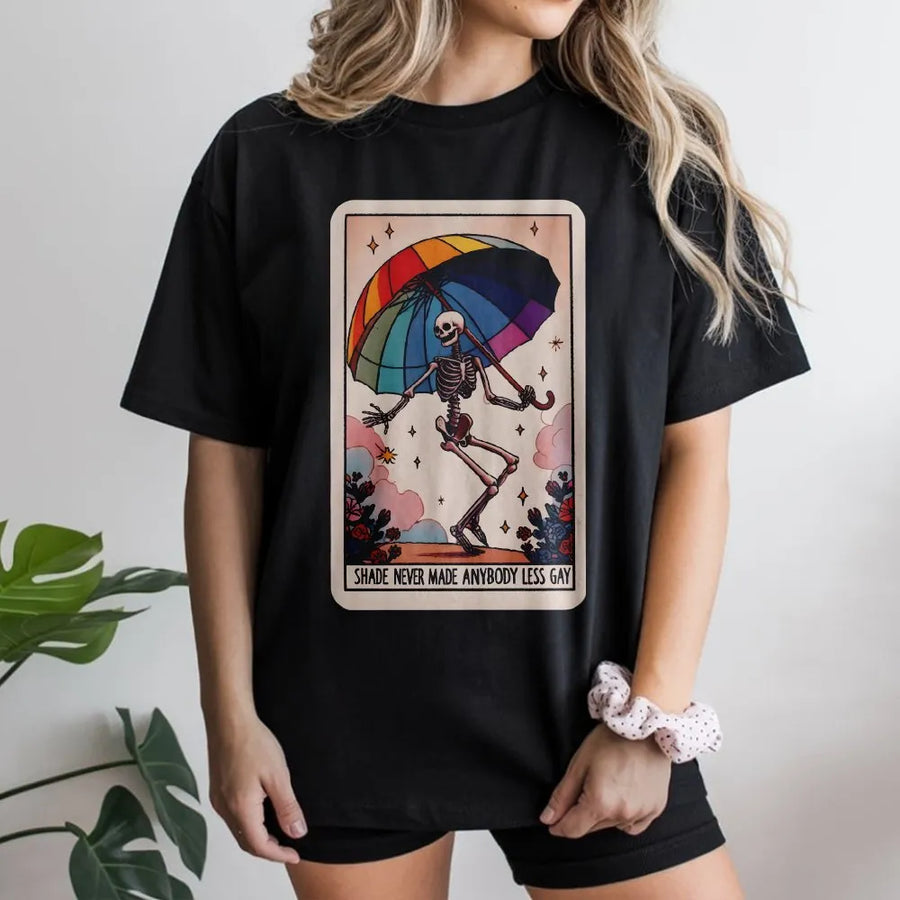 Rainbow Pride Tarot Card T-Shirt | Dancing Skeleton with Rainbow Umbrella | Premium Cotton Graphic Tee | LGBTQ Pride Month Gift Apparel