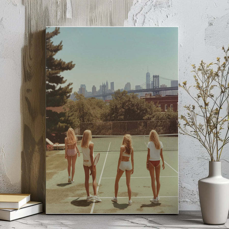 Tennis Court NYC Skyline Canvas Print | Vintage Aesthetic Retro Sport Art | Premium 1.25" Gallery Wrap | Sophisticated Home Office Wall Decor