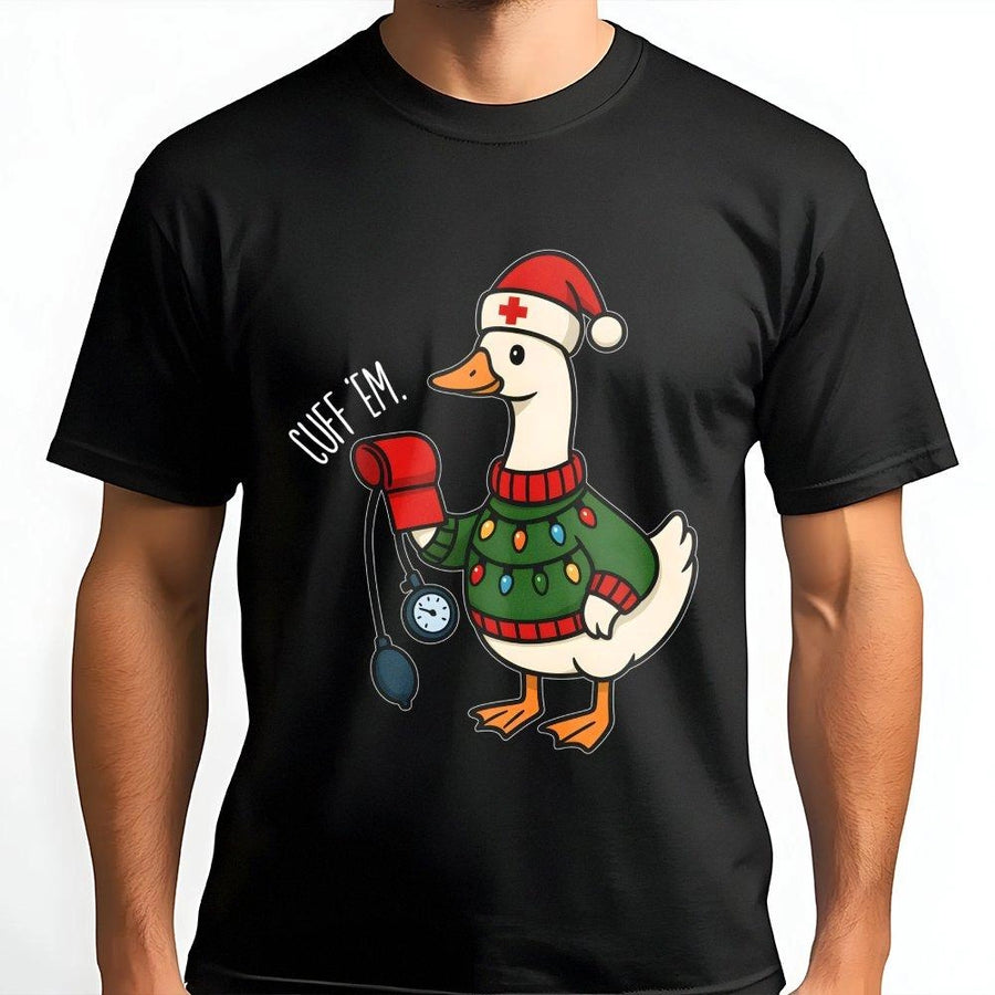 Nurse Christmas T-Shirt | Funny Cuff Em Goose Graphic Tee | Premium 100% Cotton Apparel | Cute Holiday Gift for ER Nurses & Medical Staff