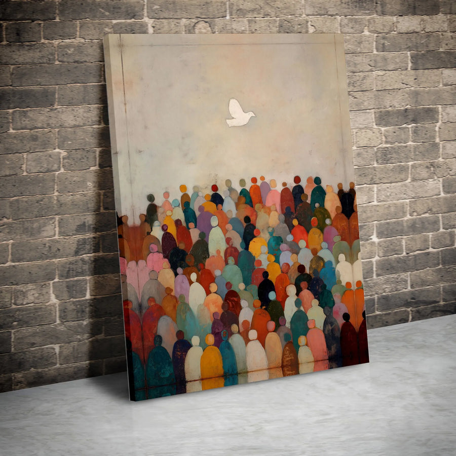 Abstract Crowd Wall Art | Colorful People and White Dove Print | Gallery Quality Canvas | Inspirational Home Decor Gift