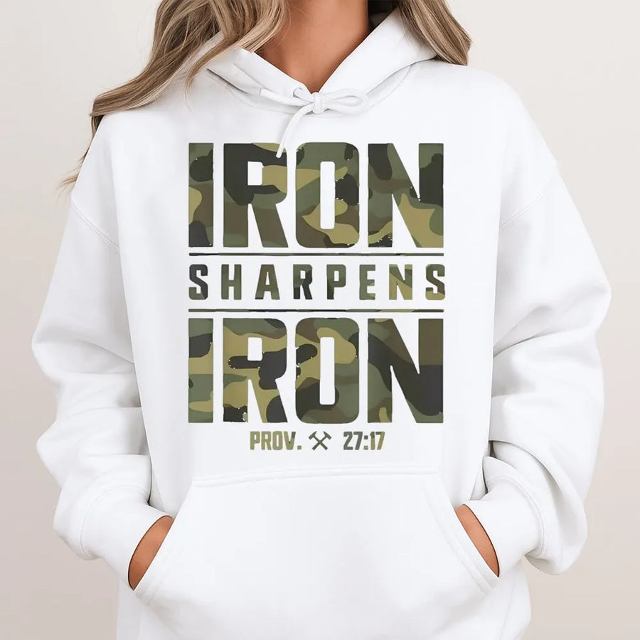 Iron Sharpens Iron Hoodie | Proverbs 27:17 Bible Verse Camo Graphic | Premium Cotton Blend | Faith-Based Christian Gift for Men
