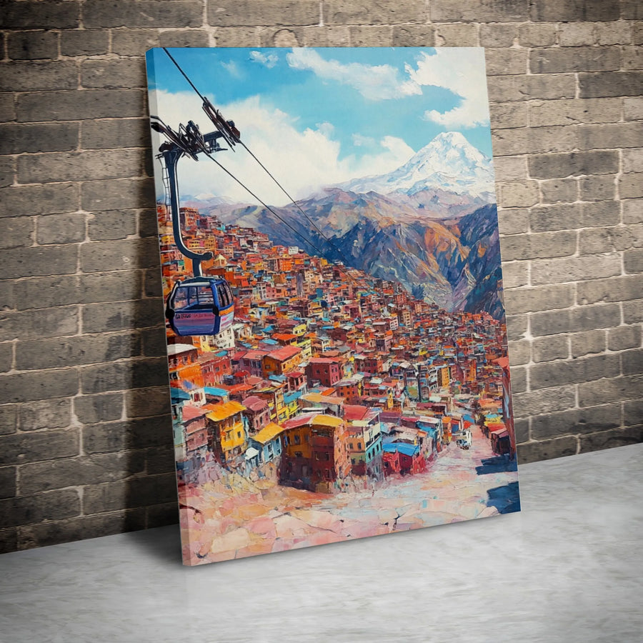 Andean Mountain City Canvas Print | Vibrant La Paz Bolivia Painting Style | Premium Gallery Wrap Canvas | Modern Home Decor Gift for Traveler