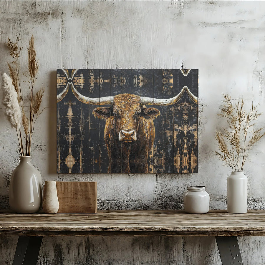Rustic Texas Longhorn Horizontal Canvas | Western Bull Wall Art in Distressed Oil Painting Style | Premium 1.25-Inch Thick Gallery Wrap | Modern Farmhouse Decor Gift