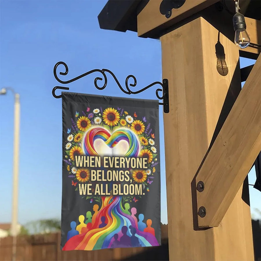 Inclusion Garden Flag | "When Everyone Belongs" Quote & Rainbow Sunflowers | Premium Double Sided Polyester | LGBTQ+ Ally Pride Yard Decor Gift