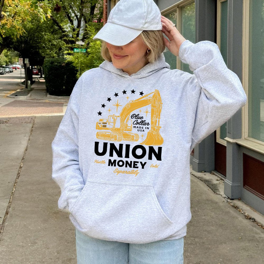 Union Money Hoodie | Excavator Graphic Blue Collar Apparel | Cotton-Poly Premium Quality | Gift for Heavy Equipment Operators & Construction Workers