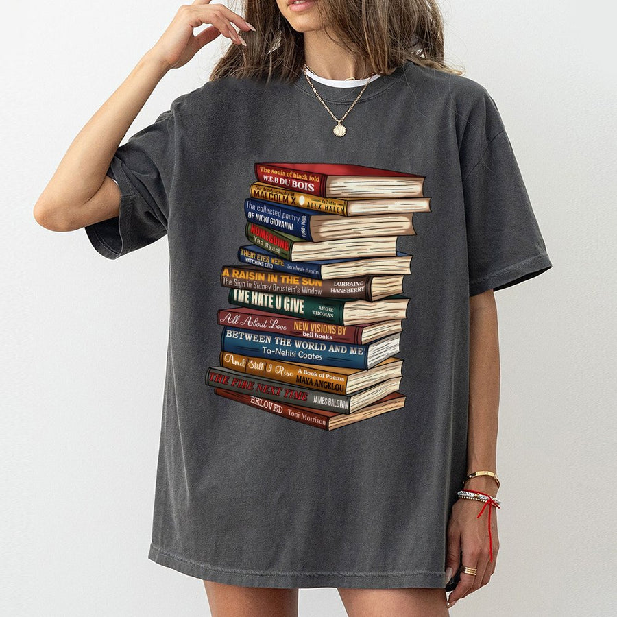 Black Literature Book Stack T-Shirt | Classic Black History Authors Graphic Tee | Premium 100% Cotton | Literary Gift for Book Lovers and Teachers
