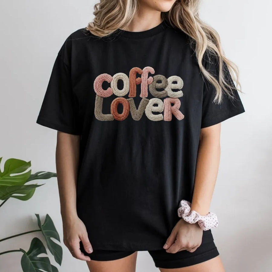Coffee Lover Graphic T-Shirt | Faux Knit Yarn Text Design | Premium Soft Cotton Tee | Cute Aesthetic Gift for Coffee Addicts and Caffeine Fans