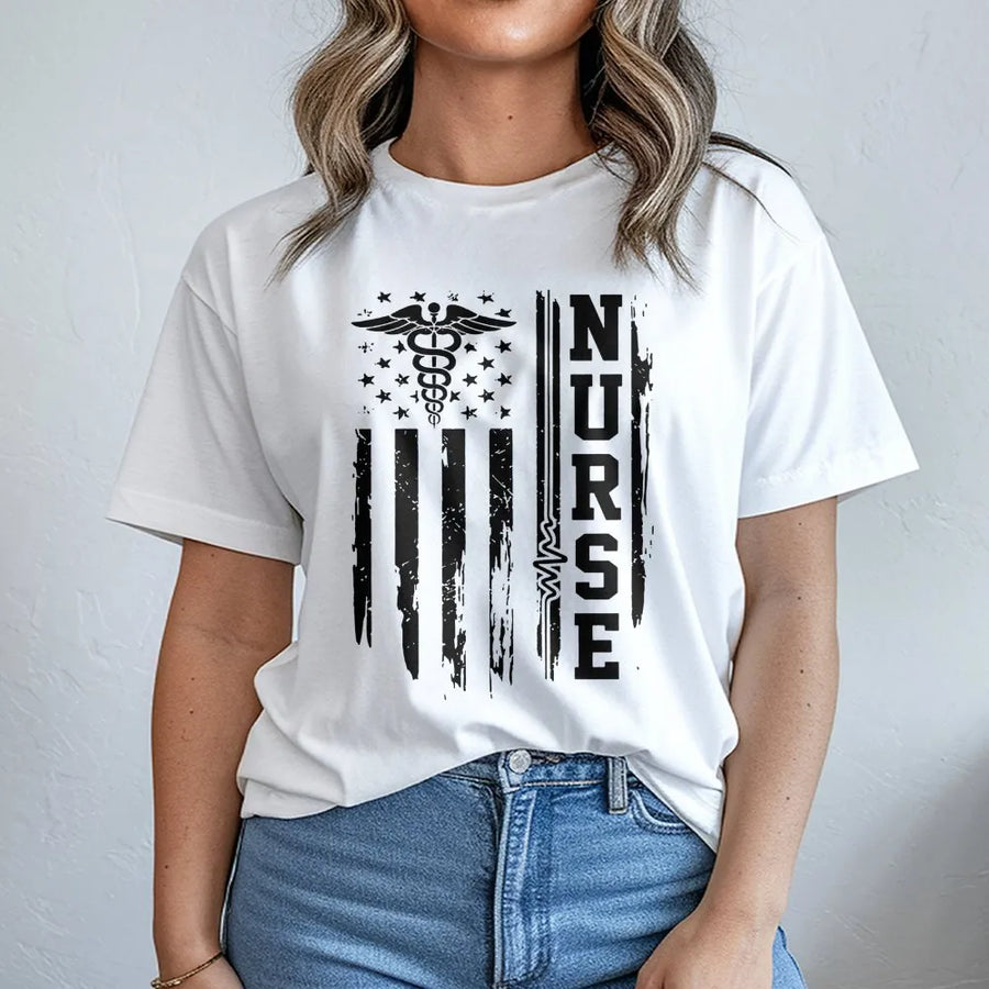 Nurse American Flag T-Shirt | Distressed Caduceus Heartbeat Design | Premium Cotton Apparel | Patriotic Nursing School Graduation Gift for RN LPN