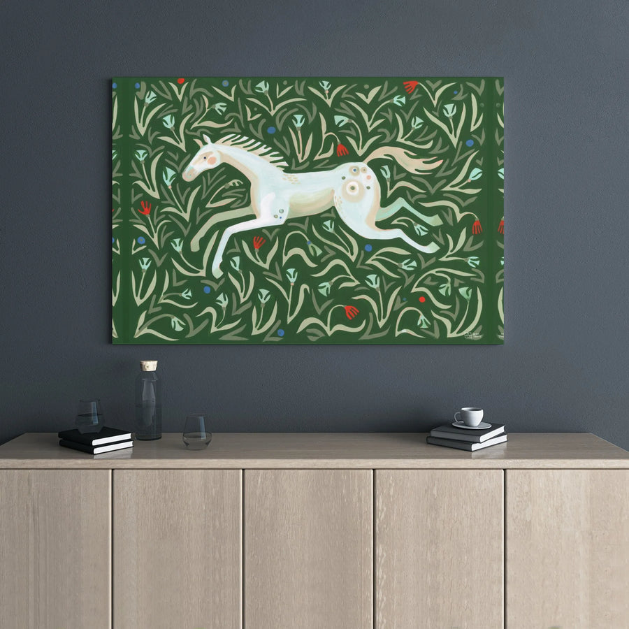 White Horse Canvas Print | Folk Art Botanical Floral Design | 1.25 Inch Gallery Wrap | Premium Wall Art For Living Room Decor
