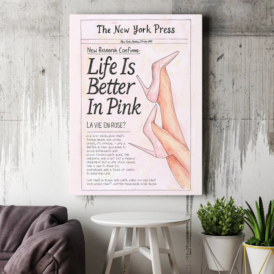 Life Is Better In Pink Canvas Art | Fashion Newspaper Illustration | Premium Gallery Wrap Wall Decor | Chic Gift for Her & Office Decor