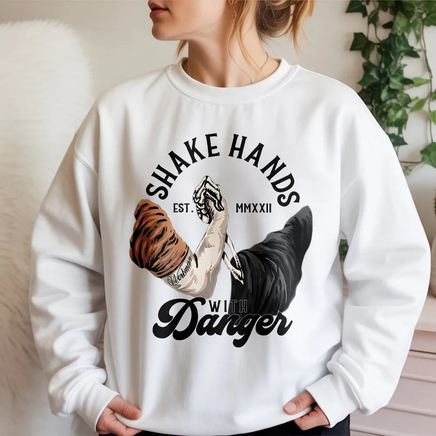 Shake Hands With Danger Sweatshirt | Skeleton Arm Wrestling Graphic | Premium Cotton Blend Pullover | Gift For Blue Collar Worker Mechanic