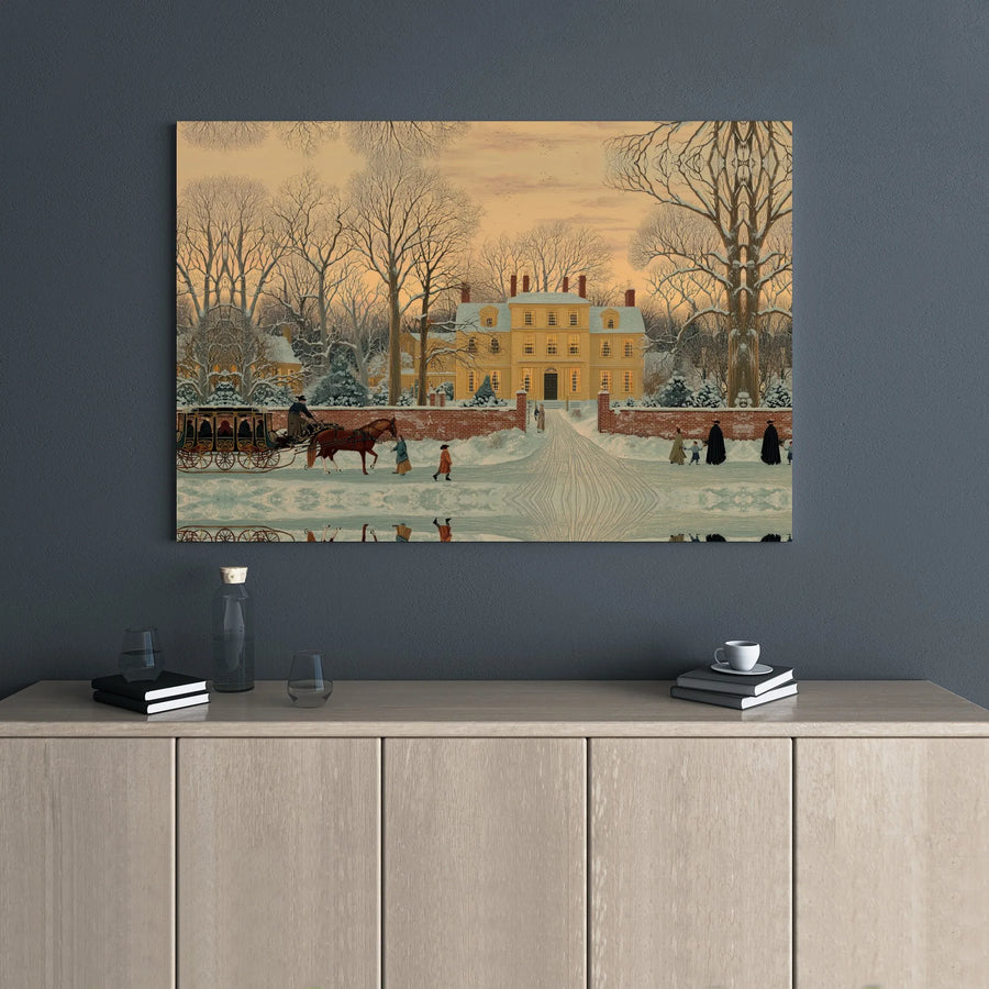 Colonial Winter Mansion Canvas Print | Snowy Landscape Horse-Drawn Sleigh | Premium Gallery-Wrap Wall Art | Traditional Holiday Home Decor Gift