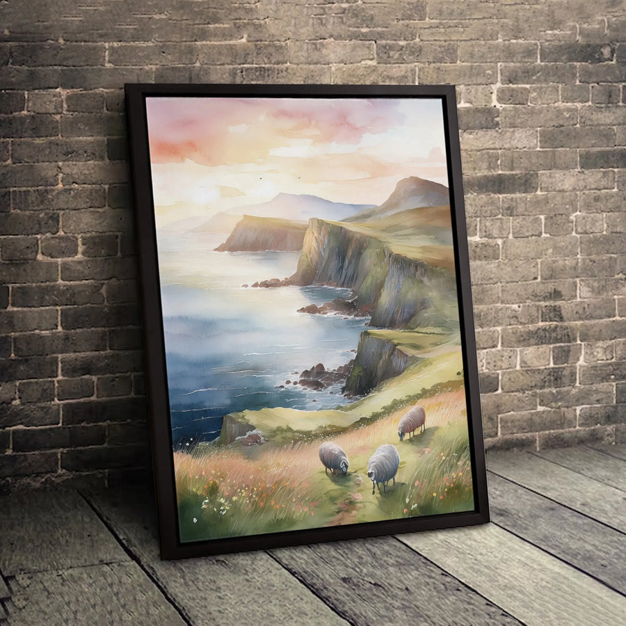Coastal Sheep Painting Canvas | Watercolor Irish Landscape Art | Gallery-Quality 1.25 Inch Thick Profile | Scenic Nature Wall Decor for Home