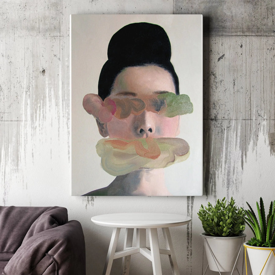 Abstract Portrait Canvas Wall Art | Surreal Female Face with Obscured Features | Premium Gallery Wrap Print | Modern Home & Office Decor