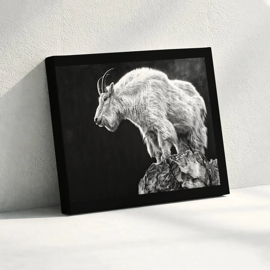 Mountain Goat Canvas Print | Realistic Wildlife Charcoal Sketch | 1.25-inch Premium Gallery Profile | Nature Wall Art for Modern Home Decor