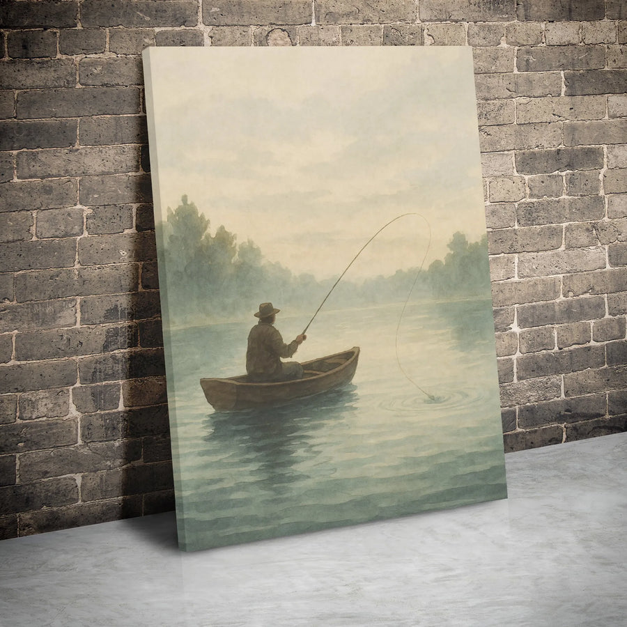 Fisherman Wall Art Canvas | Moody Watercolor Lake Scene | Premium Gallery Wrap | Gift for Fisherman & Rustic Home Decor