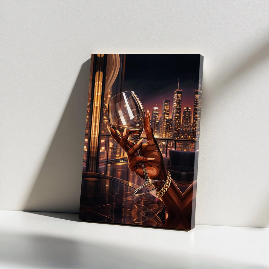 Black Woman Wine Glass Canvas Print | Luxury Cityscape Night View Art | Premium Gallery Wrap Canvas | Modern Home Decor Gift for Her