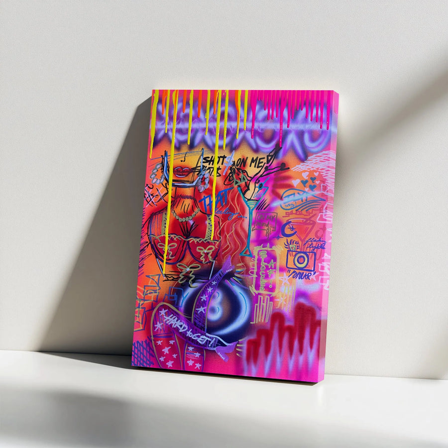 Neon Graffiti Wall Art | Edgy Street Style Fashion Illustration | Premium Gallery Wrap Canvas | Bold Pop Art Decor for Bedroom or Studio