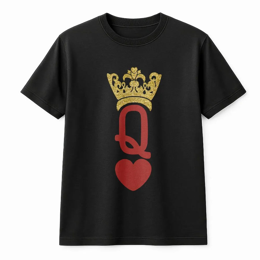 Queen of Hearts T-Shirt | Playing Card Graphic with Gold Glitter Print | Soft Cotton Blend | Valentine's Day Gift for Her
