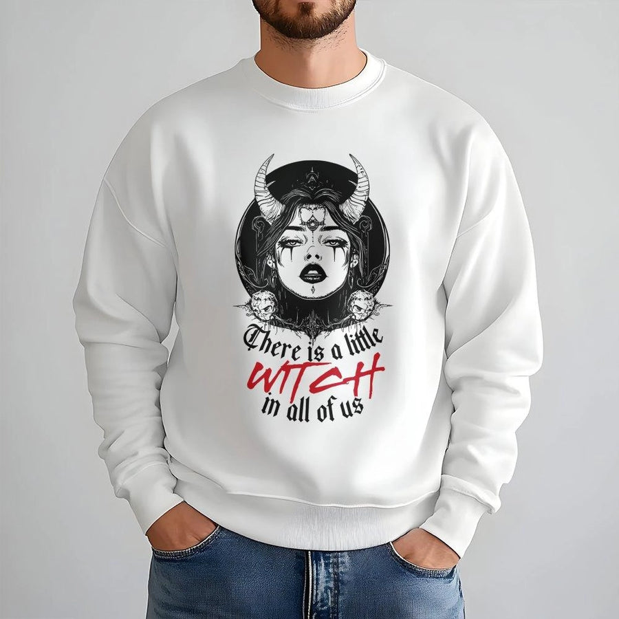 Little Witch In All Of Us Sweatshirt | Gothic Occult Graphic Apparel | Premium Cotton Blend Unisex Crewneck | Spooky Aesthetic Witchy Gift For Her
