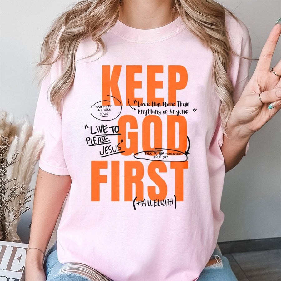 Keep God First T-Shirt | Christian Graphic Faith Apparel | 100% Cotton Premium Tee | Religious Gift for Men and Women