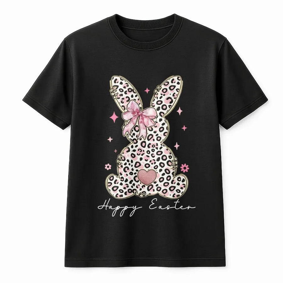 Easter Bunny T-Shirt | Leopard Print Bow Graphic | 100% Cotton Premium Tee | Cute Holiday Apparel For Women And Men